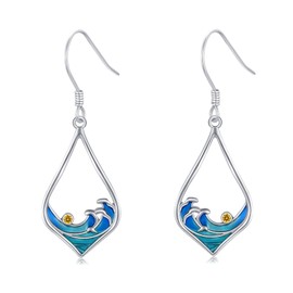 arete de plata de ley 925 con diseño de ola oceánica, para playa, para mujeres y niñas, Plata de ley, Circonia cúbica