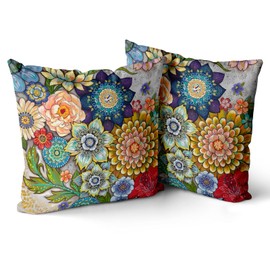 Snycler Boho Floral Throw Pillow Covers Set of 2 Colorful Boho Flower Decorative Cushions Pillowcase for Bedroom Sofa Home Decor, 16x16 Inch, Velvet, Short Plush