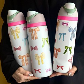 Bow Pattern Stainless Steel Vacuum Flask, 1 Count Portable Insulated Water Bottle with Straw, Summer Cool Bottle Drinking Cup for Home Office School Outdoor Camping, Insulation Drinkware, Thermal Flask:_32OZ_Variety Bow - White Cup