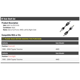 Front CV Axle Shaft Set of 2 - Compatible with 1995-2004 Toyota Tacoma 4WD