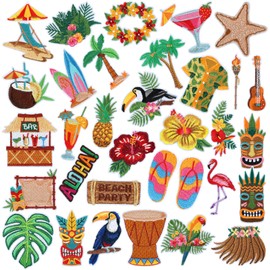 32 Pieces Hawaiian Luau Iron on Patches Aloha Tropical Palm Tiki Sew on Embroidered Applique Summer Beach Repair Patch DIY Crafts Festive Gifts for Clothing Hat Shirt Bag Jeans DIY Decorations
