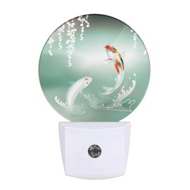 Uanvaha Pond Fish Night Light Two Fishes Jump Over Lake Flowers Branch Sage LED Dusk to Dawn Night Lamp Auto Sensor for Bedroom Bathroom Hallway Living Room