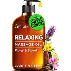 Gya Labs Aceite de masaje relajante para dolores musculares y momentos felices, aceite corporal con infusión de argán orgánico, 100 lociones de masaje natural para terapia de masaje, 200 ml