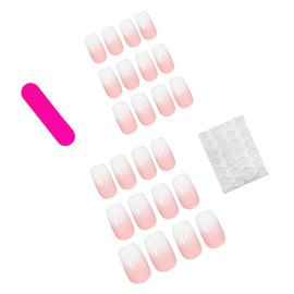 24 Pcs Square Press on Nails Short, CEWEWP Ombre Fake Nails with Designs, Coffin Full Cover Stick on Nails Acrylic False Nails with Nail Glue for Women and Girls (Short Pink White Gradient)
