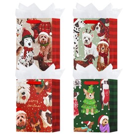 OFIHANLY 4 Pack 9" Small Size Christmas Gift Bags with Handles for Xmas Holiday Presents Animal Dog Theme Cute Paper Wrapping Bag with Tissue Paper for Kids