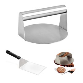 Burger Press with Grill Spatula Set, Smash Burger Press Made of 304 Stainless Steel, Round Burger Smasher, Easy to Clean, Burger Pattie Press for Flat Top Grill, Grilling, Cooking, Hamburger, Steaks