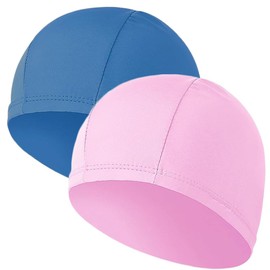 2 Pcs Swimming Caps for Kids Girls Boys and Adult Teenager, Comfortable Light Swimming Caps, Super Stretch No Pull Hair Swim Hats for Long and Short Hair for Kids 6-14 Years (Blue&Pink)