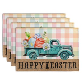 Happy Easter Placemats Set of 4 Pink Yellow Blue Buffalo Plaid Truck Eggs Daisy Easter Table Mats Spring Seasonal Linen Place Mat Washable Place Mats for Party Kitchen Dining Outdoor Indoor Decor