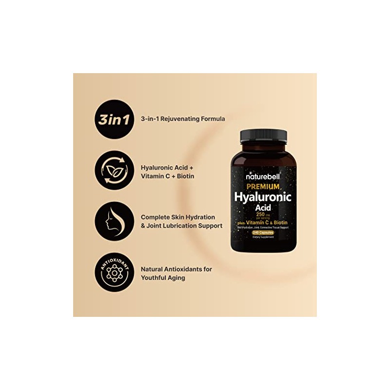 NatureBell 2 Pack Plant Based Hyaluronic Acid Supplements 250mg with