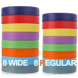AOZITA 16 Pack Plastic Mason Jar Lids Fits Ball, Kerr & More - 8 Wide Mouth & 8 Regular Mouth - Colored Storage Caps for Canning Jars, Dishwasher Safe & Food Grade & Leakproof