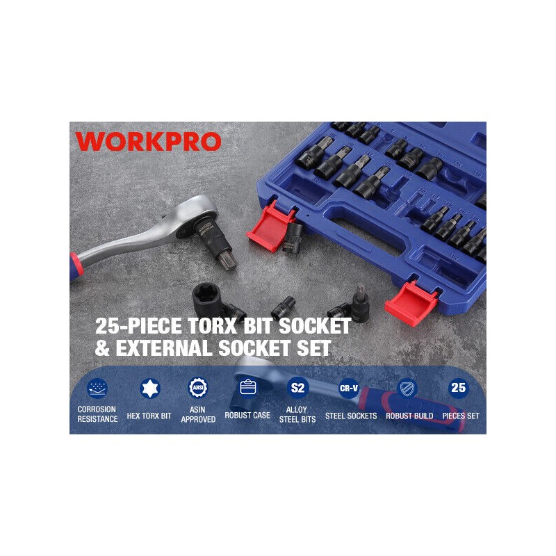 WORKPRO 25-piece Torx Bit Socket and External Socket Set, 1/4",