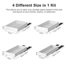 4 Pack Pull Out Cabinet Organizer, Different Size Pull Out Drawers for Cabinets, Peel and Stick Slide Out Drawer Shelves, Multifunctional Drawer Organizers for Kitchen, Pantry, Bathroom (White)