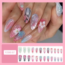 24Pcs Medium Almond Press on Nails Summer Fake Nails with 3D Flower Butterfly Designs False Nail Tips Glossy Pink Blue Glue on Nails Handmade Full Cover Acrylic Stick on Nail for Women