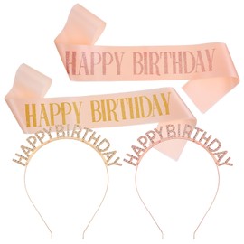 Birthday Headband for Women, Rhinestone Tiara with Sash, Glitter Birthday Sash Girl Accessories, Girl Tiara Accessories (Gold, Rose Gold, Pink)