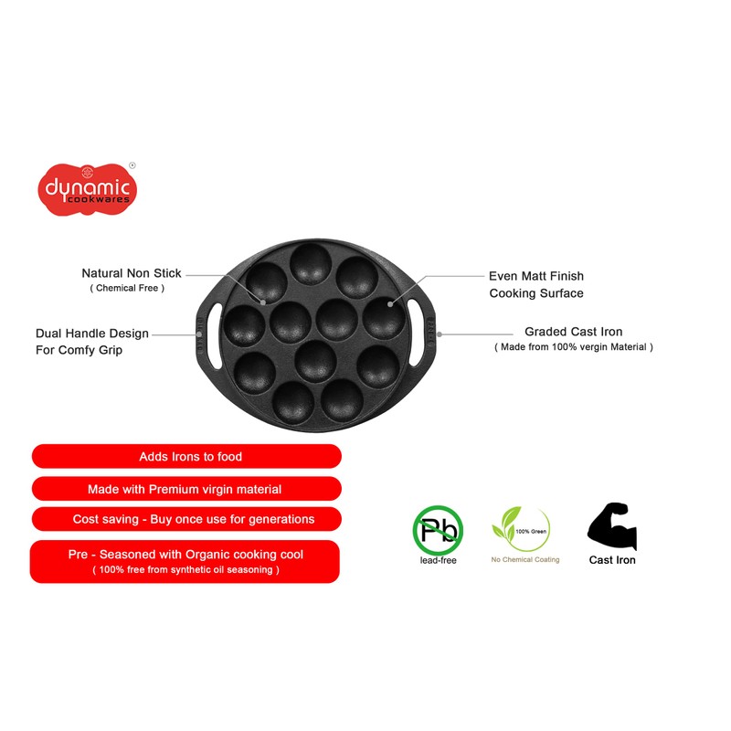 DYNAMIC COOKWARES Naturally Nonstick Mini Paniyaram Pan | 8 Inch/20.9