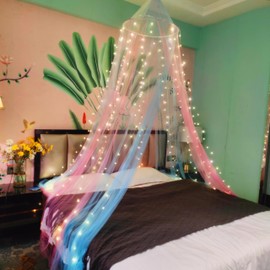 Eimilaly Two Tone Bed Canopy Mosquito Net Pink Blue with Warm Lights Bed Canopy for Girls Room Decoration Single Door