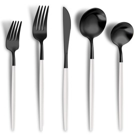 Lemeya Matte Black White Silverware Set for 6,Modern Stainless Steel Brushed Cutlery Set,30-Pieces Heavy Duty Flatware Set,Knives Spoons and Forks Set Utensils Set, Satin Finish, Dishwasher Safe