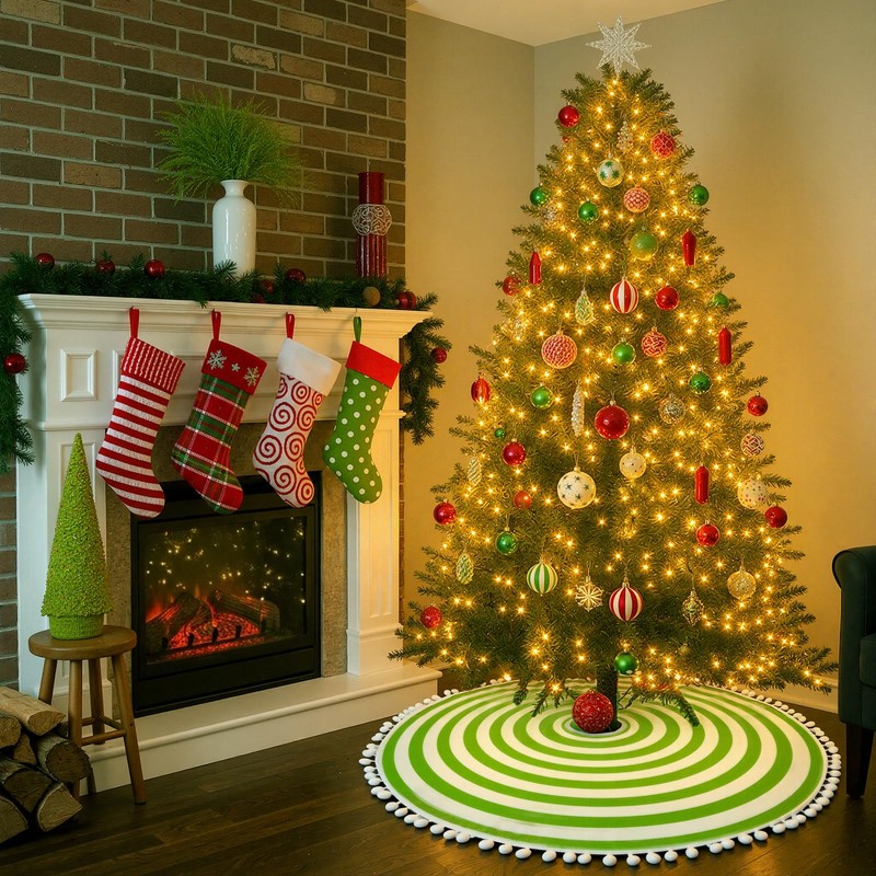 30 Inch Green and White Christmas Tree Skirt with Pom