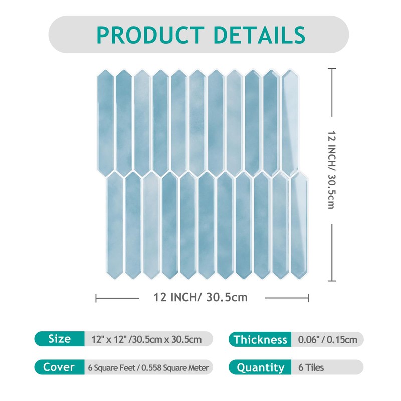 VEELIKE Blue Long Hexagon Peel and Stick Tile Backsplash 6