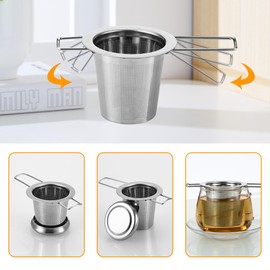 Pack of 2 Tea Strainer for Loose Tea, 304 Tea Strainer Stainless Steel Tea Strainer for Cup, Tea Filter Stainless Steel with Lid and Foldable Handles, Fine Mesh for Most Tea Cups and Tea Bowls