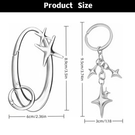 2Pcs Star Carabiner Keychain Cool Key Ring Extra-Large Shiny Chrome, Cute Star Moon Keychain Aesthetic Accessories Stainless Steel Key Ring Purse Handbag Backpack Bag Charms Car Holder