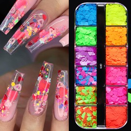 Heart Glitter Nail Art Flakes 3D Fluorescent Love Heart Nail Art Sequins Designs 12 Colors Holographic Big Hearts Nail Supplies for Women Manicure Valentine's Day Decorations DIY Resin Nail Art Tips