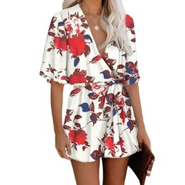 Relipop Women's Summer Romper Floral Print V Neck Flared Half Sleeve Elastic Tie Waist Ruffle Casual Rompers Jumpsuits