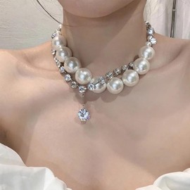 Chunky Pearl Necklaces Exaggerated Large Pearl Choker Necklaces for Women Vintage Big Pearl Necklaces CZ Rhinestone Statement Necklace Wedding Prom Jewelry Gifts (Rhinestone pearl)
