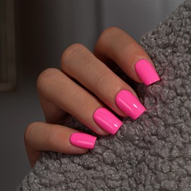 KQueenest Hot Pink Press On Nails Medium Square - Acrylic Press On Nails Short Coffin, Sheer Bright Neon Pink Fake Nails with Glue, Vibrant Opaque, Reusable Soft Gel Glue on Nails for Women, 28 Pcs