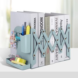 Honagu Adjustable Bookends, Metal Book Ends for Shelves Heavy Book, Desk Magazine File Organizer for Home, Office, Books, Papers with Removable Hook, Pen Holder（Green）