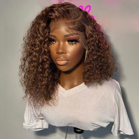 10 Inch Brown Bob Wig Human Hair 180% Density Curly Bob Wigs with Baby Hair 13x4 HD Lace Frontal Bob Wigs Pre Plucked Brown Lace Front Wig Human Hair