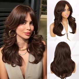 WIGER Layered Realistic Wavy Wigs for Women Natural-looking Synthetic Wigs with Bangs Mixed Brown Shoulder Length Blow Out Salon Style Heat Resistant Hair