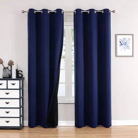ChrisDowa 100% Blackout Curtains for Bedroom with Black Liner, 2 Thick Layers Total Blackout Thermal Insulated Grommet Window Curtains 2 Panels Set (Navy Blue, 42 x 84 Inch)