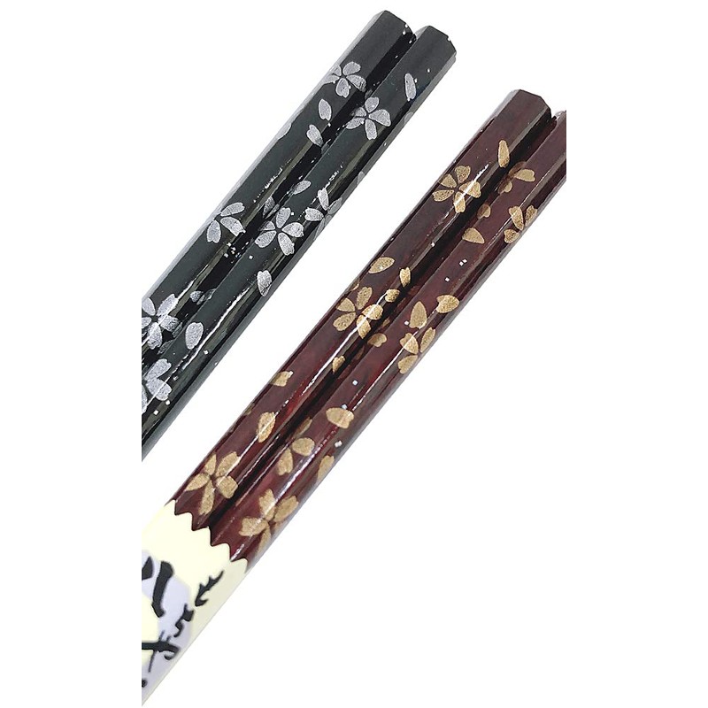Couple Chopsticks Octagonal Sakura Black Red Dishwasher Safe Design Paulownia