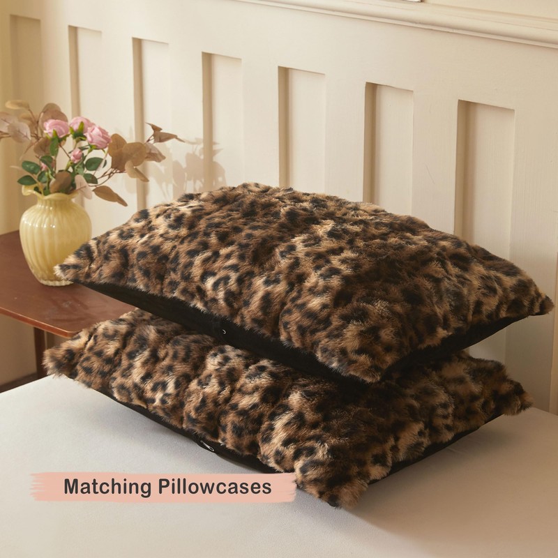 LIFEREVO Cheetah Print Soft Faux Rabbit Fur Duvet Cover Set