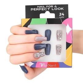 Votrenaeil Press On Nails – Starry Night | No Glue Coffin Navy Nails with Glitter & Shimmer Finish for Party – 24 Pcs Nail Kit with Adhesive Tabs