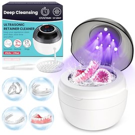 Ultrasonic Retainer Cleaner Machine, Denture Cleaner for Mouth Guard, Night Guard, Aligner, Dentures, Braces, Jewelry, 45kHz 250ML UV Ultrasonic Denture cleaner Ultra Sonic Cleaning for Retainers