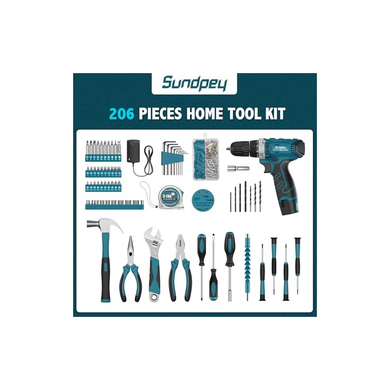 Sundpey Tool Kit 206PCs with Drill - 12V Cordless Power