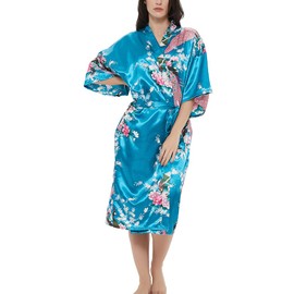 Women's Satin Rose Print Kimono Robe Premium Peacock Bridesmaid Bridal Dressing Gown Sleepwear Nightwear