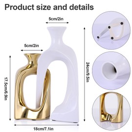 PlivBloom White and Gold Ceramic Vases,Pottery Decor Aesthetic Pampas Grass Vase,Midcentury Modern Decor Boho Vase,Unique Donut Vase for Coffee Table Centerpiece,Entry Table Decor (White Gold)