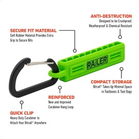 Screwdriver Bit Holder Storage Organizer – Railer 10-Hole Hi-Vis Green Bit Holder with Carabiner - 2 Pack