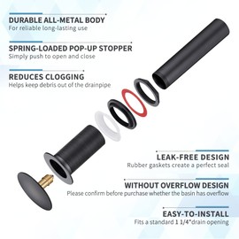 HEATGENE Bathroom Sink Drain Matte Black, Pop Up Drain without Overflow, Pop Up Drain Stopper for Bathroom Sink, Bathroom Sink Drain Stopper Pop Up, Fits 1-1/2" Opening with a 1-1/4" Tailpiece