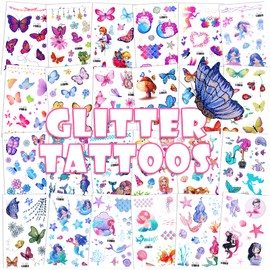 Konsait Glitter Temporary Tattoo for Girls, 24 Sheets Butterfly Mermaid Fairy Flowers Tattoo Stickers for Kids, Waterproof Fake Tattoos for Birthday Party Favors Goodie Bags Stuffers Party Fillers