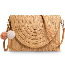 BLAZDEVE Women Straw Purse Clutch Bag, Summer Beach Bags Handbag Straw Crossbody Bag with Adjustable Strap, Natural Handmade Straw Bag, Easy to Match Clothes (Light Brown)