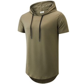 KLIEGOU Men's Hooded T-Shirt 190GSM 100% Cotton Soft Streetwear Longline Tee - Breathable Hip Hop Pullover - Pre-Shrunk 06 ArmyGreen L