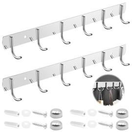 WYYFXY® Pack of 2 Kitchen Hook Rack, Stainless Steel Coat Hooks, Wall Coat Rack for Wardrobe, Bedroom, Cabinet, Bathroom, Kitchen, Silver (6 Hooks)