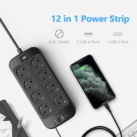 JSVER Steckdosenleiste mit USB,8 Fach Mehrfachsteckdose(3680W 16A) mit 4 USB Mehrfachstecker Verteilersteckdose mit Schalter, Wandmontage Überspannungsschutz für Zuhause Büro, 2M-Schwarz