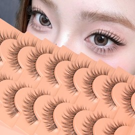 Natural Lashes Ultra-Wispy False Eyelashes 12mm Cat Eye Lashes that Look Like Extensions 3D Thin Band Fake Eyelashes Natural Look Korean Makeup 8 Pairs C Curl Strip Lash Pack by HQWPZ