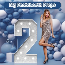 Marquee Numbers Silver Birthday Decorations: Large 4 Feet Tall Light Up Numbers 2nd 21st 25th Party Decor Big Mosaic Cardboard Number 2