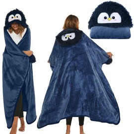 Penguin Blanket Navy Blue, Cuddly Blanket with Sleeves and Hat, Cuddly Blanket Fluffy 150 x 125 cm, Penguin Gift Portable Blanket, Wearable Blanket for Women, Cuddly Blanket Animal for Birthdays, New